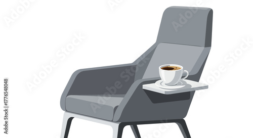 Modern armchair with side table and steaming coffee cup perfect for a relaxing break or creative thinking session