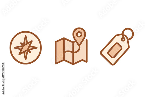 Compass, folded map with location pin, and blank tag icons representing travel and commerce