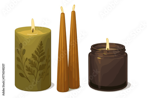 Assortment of decorative scented candles including pillar, taper, and jar styles