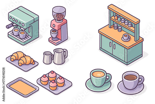 Isometric coffee shop equipment set including espresso machine grinder counter and baked goods