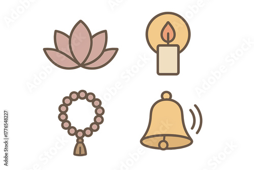 Spiritual symbols set featuring lotus flower, burning candle, prayer beads, and ringing meditation bell