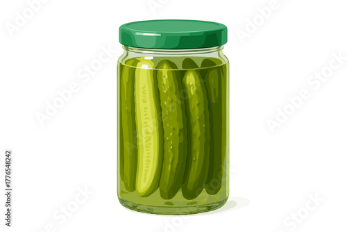 Pickled cucumbers preserved in a clear glass jar with a bright green lid on a white background