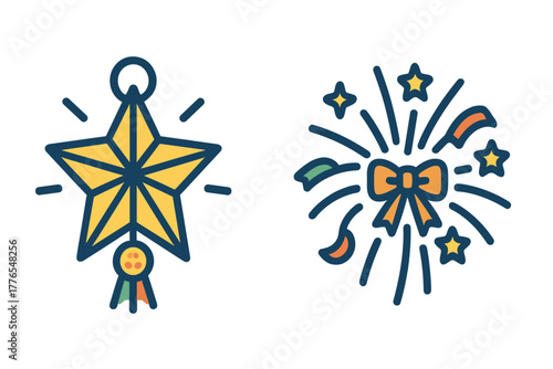 Glowing star decoration ornament and colorful celebratory fireworks explosion with ribbon bow