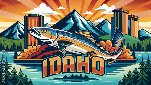 Very beautiful illustration of Idaho, featuring a large fish leaping from the water, with majestic mountains and a city skyline in the background, and the word "Idaho" prominently displayed in bold le