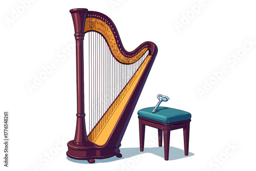 Elegant classical wooden concert harp and upholstered stool with a tuning key