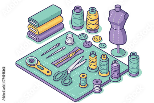 Isometric view of essential sewing and tailoring supplies including fabric thread spools scissors and a dress form