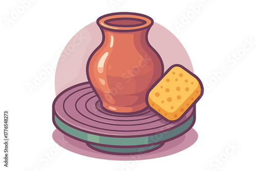 Clay pot being shaped on a spinning potter's wheel with a yellow sponge nearby