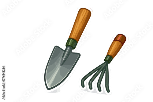 Metal hand trowel and small cultivator rake with wooden handles, essential gardening tools