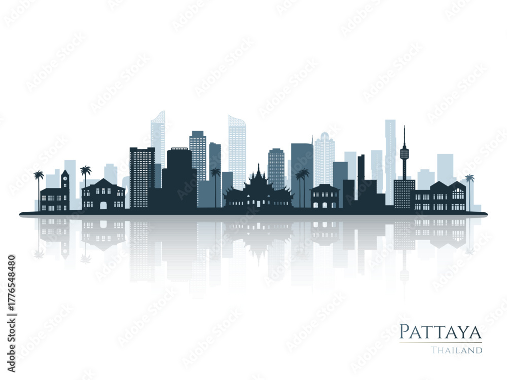 Naklejka premium Pattaya skyline silhouette with reflection. Landscape Pattaya, Thailand. Vector illustration.