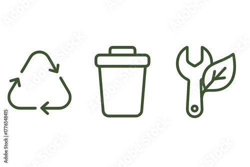 Eco friendly maintenance recycling and waste management symbols featuring wrench and leaf