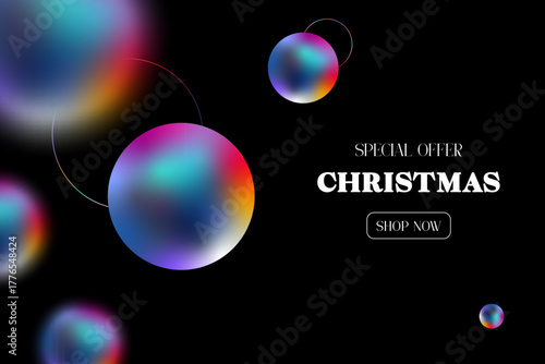 Merry Christmas banner.. Colorful spheres float against dark background, creating festive atmosphere. Sale background. 