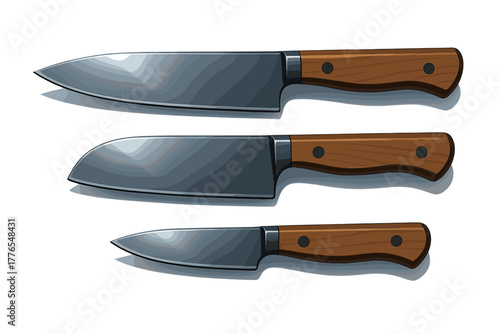 Professional kitchen knives set with stainless steel blades and wooden handles isolated on white background