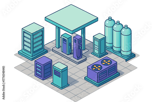 Isometric view of a futuristic alternative energy fueling station with charging pumps and storage tanks