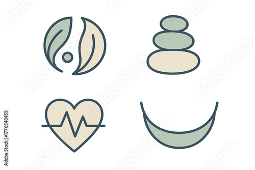 Minimalist health and wellness icons set featuring nature, balance, and relaxation symbols