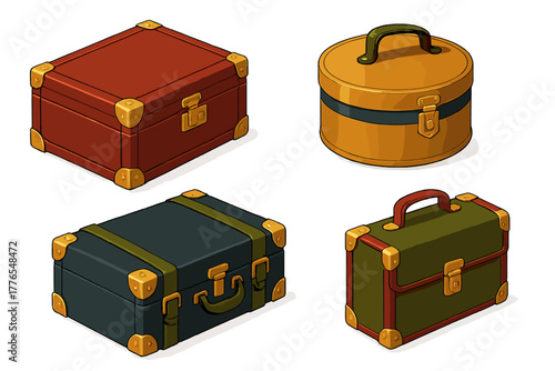Set of four retro style travel suitcases and antique trunks with metal clasps and handles