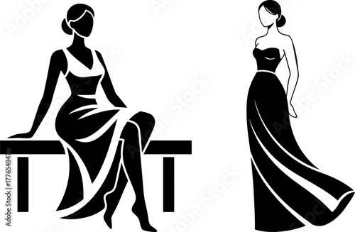 Silhouettes of women in elegant dresses