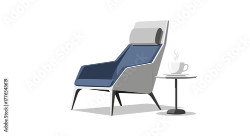 Relaxing modern armchair with steaming coffee cup on side table evokes comfort and contemporary style for home or office.