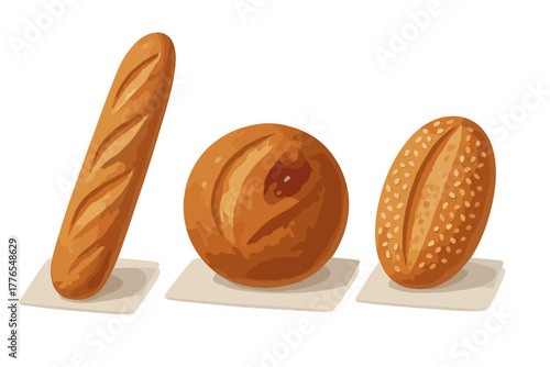 Assortment of golden brown baked goods including baguette, round roll, and sesame seed bun