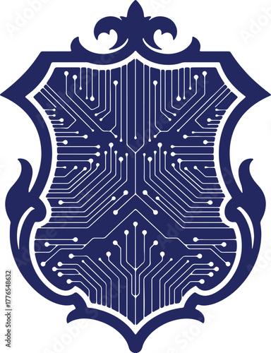 Digital Security Crest Shield with Circuit Board Pattern for Modern Protection and Innovation