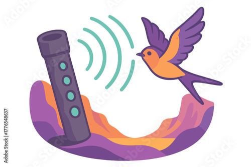 Colorful flying bird near a sound recording sensor in a vibrant abstract landscape