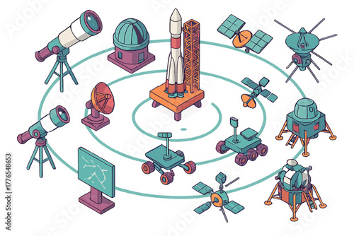Isometric space technology elements set including launch vehicles, planetary rovers, and observation telescopes