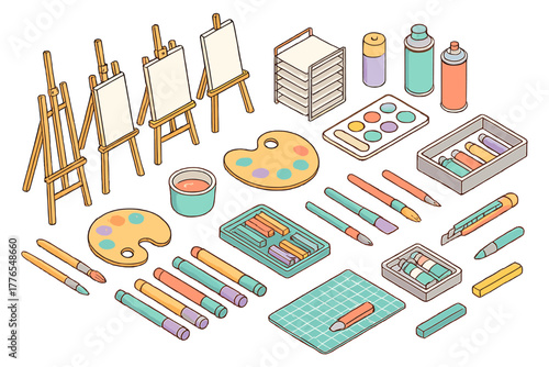 Isometric set of professional and hobby art supplies for painting and drawing