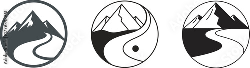 Three circular icons depicting mountains and a winding path
