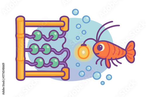 Stylized deep-sea creature with glowing lure interacting with a conceptual beaded structure