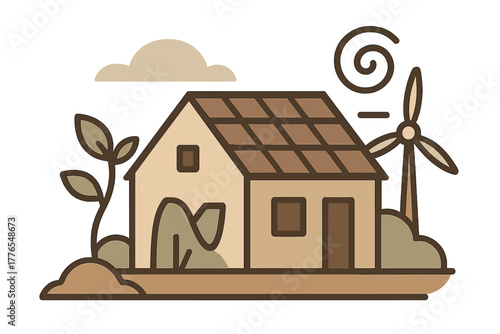 Sustainable home with solar panels and wind turbine generating clean renewable energy