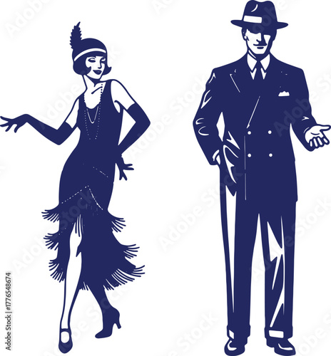 Elegant 1920s couple in stylized silhouette with flapper dress and dapper suit