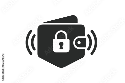 Protected electronic wallet symbol with security padlock and wireless communication waves