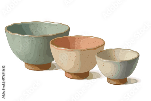 Three handmade ceramic bowls with speckled glaze and wavy rims on white background