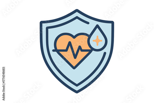 Shield protecting a heart with an electrocardiogram line and a blood drop
