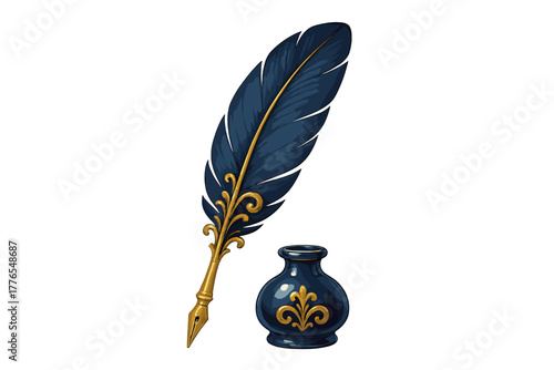 Luxurious dark blue quill pen and inkwell with ornate gold detailing on white
