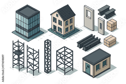 Isometric construction elements set featuring buildings, structural frames, and building materials