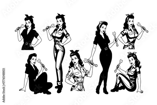 Mechanic pin-up girls collection, vintage grease-girl beauties holding wrenches, retro tough woman vector illustration set
