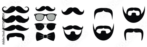 Silhouette icons of diverse facial hair styles, eyeglasses, and bow tie accessories for men’s grooming, fashion, and design concepts
