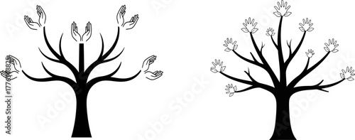 Two stylized black silhouettes of trees with sparse leaves