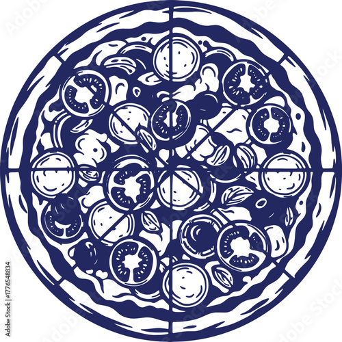 Hand Drawn Pizza Illustration with Tomatoes and Basil in Monochromatic Blue Design