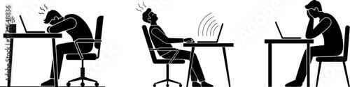 Three silhouettes of people working at computers, looking tired and stressed