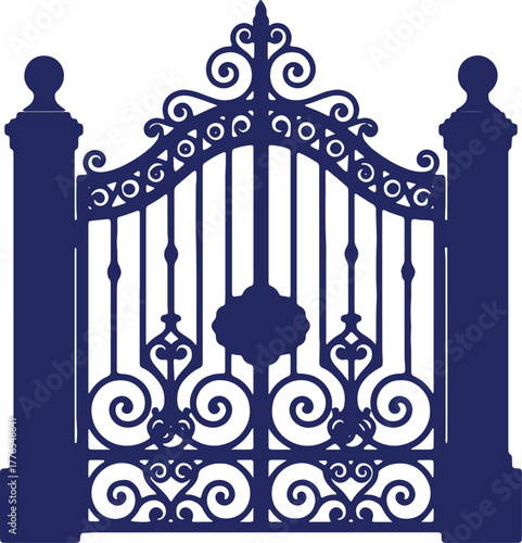 Intricate blue wrought iron gate design vector illustration on white background for design projects