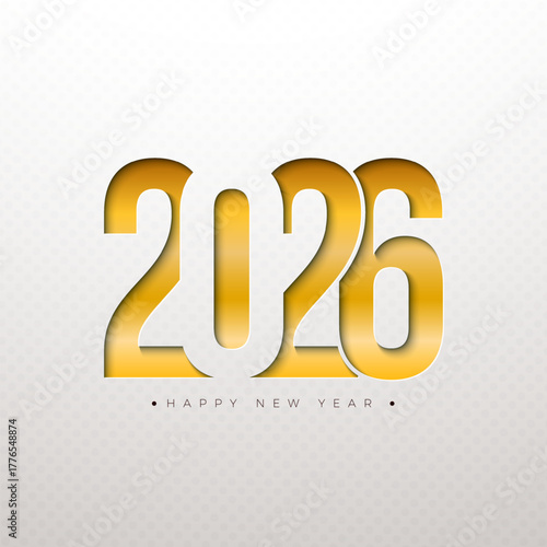 Happy New Year 2026 Logo Typography Design with Gold Cutting Number on White Background. Christmas Holiday Greeting Card Illustration with Text Label for Calendar, Flyer, Banner, Celebration Poster