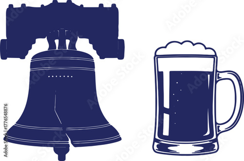 Liberty Bell and Beer Mug Illustration Celebrating American Freedom and Refreshments
