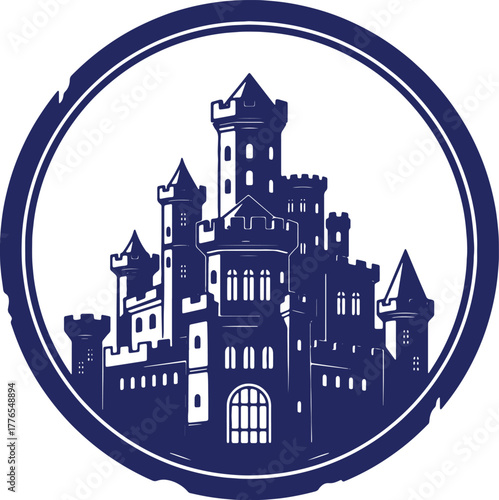 Majestic castle illustration with towers and battlements in circular frame design concept