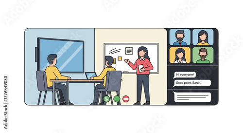 Professional team collaborating on virtual meeting with online presentation, modern business conference call