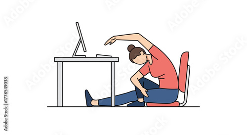 Woman stretches at desk, promoting workplace wellness, breaks from work, healthy lifestyle, fitness, stress relief