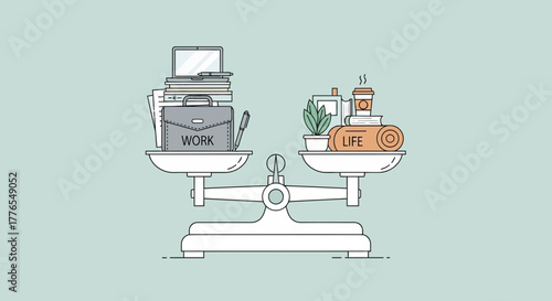 Work-life balance concept with scales showing business tools versus relaxation items, ideal for wellness and productivity themes