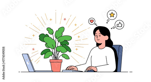 Productive woman working at her desk with a laptop and plant, radiating positivity and achieving goals, ideal for promoting work life balance and success