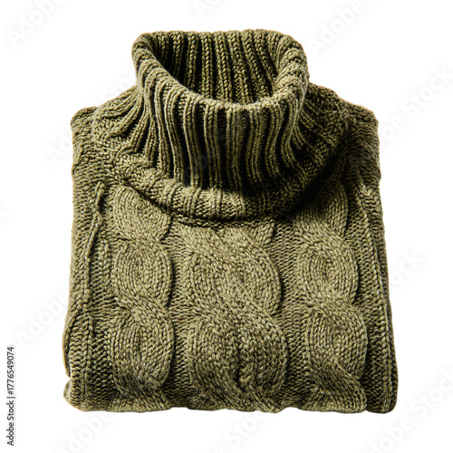 Folded olive green cable knit sweater isolated on transparent background