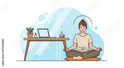 Mindful woman meditating at her workspace, finding inner peace and balance during a busy day, wellness and focus for productivity, originally a vector graphic